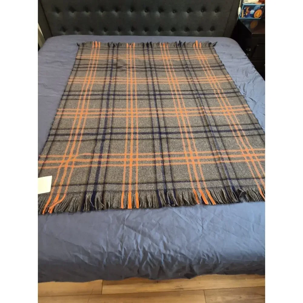 Amana Woolen Mills Gray Blue Orange Fringed Throw Blanket 50x60 NEW IN ORIGINAL